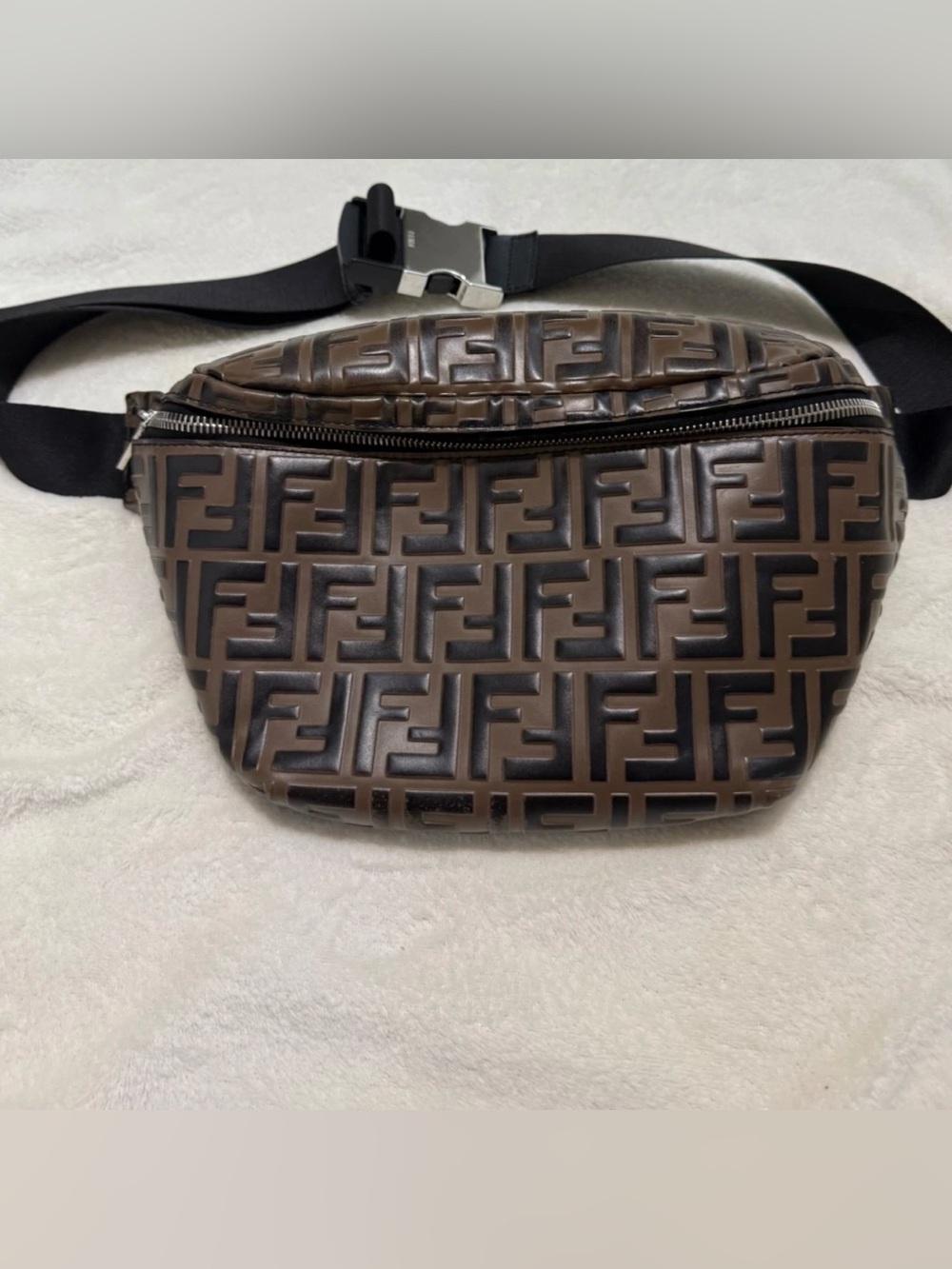 Fendi Dark Brown Embossed FF Belt Bag with Black Strap